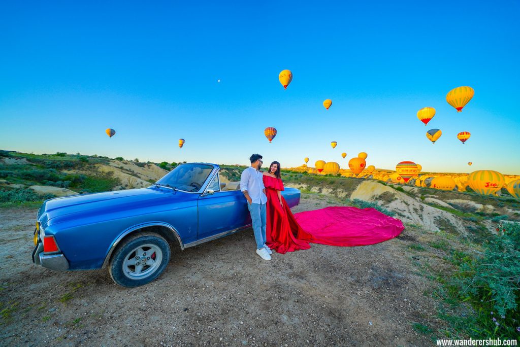Hot air ballooning and vintage car ride make for a gorgeous combination